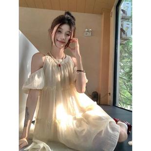 宽松显瘦甜美减龄小短裙 夏季 短袖 露肩设计法式 连衣裙女2025年新款