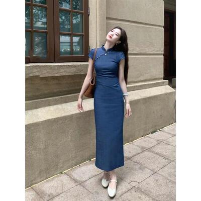 新中式国风年轻款改良蓝色旗袍女2025夏季复古日常可穿修身连衣裙