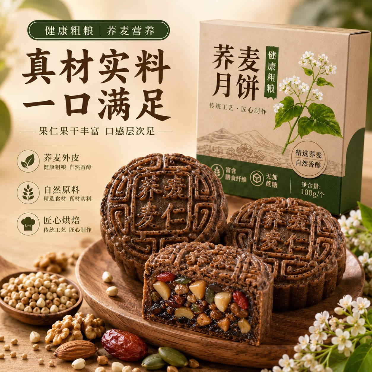 荞麦月饼无加蔗糖老式五仁传统月饼减代餐木糖醇糕点官方旗舰店