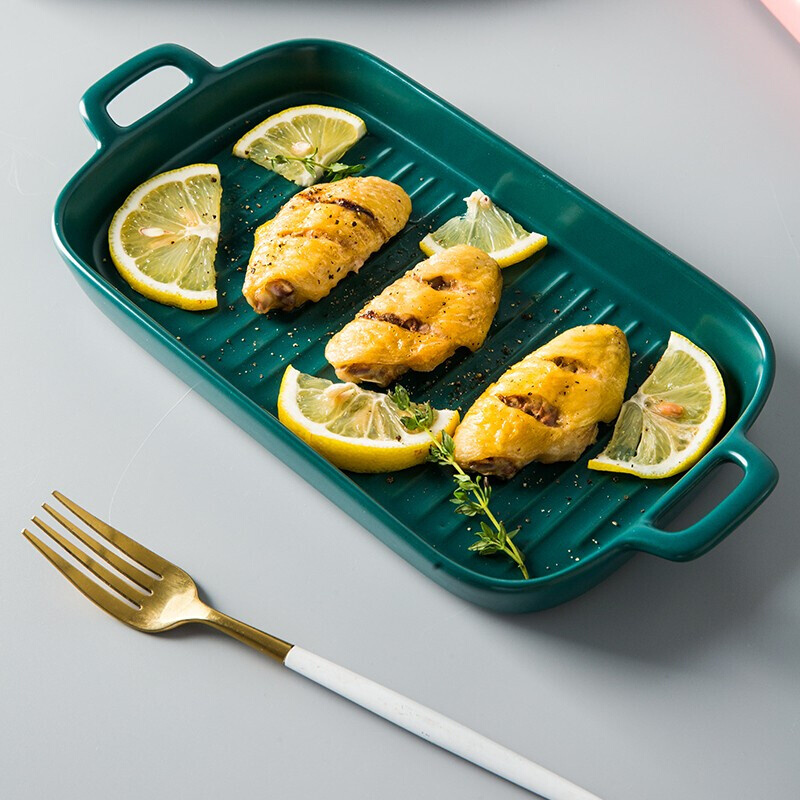 陶瓷双耳盘家用芝士焗烤饭烤盘大号长方形微波炉盘子烤箱专用碗器