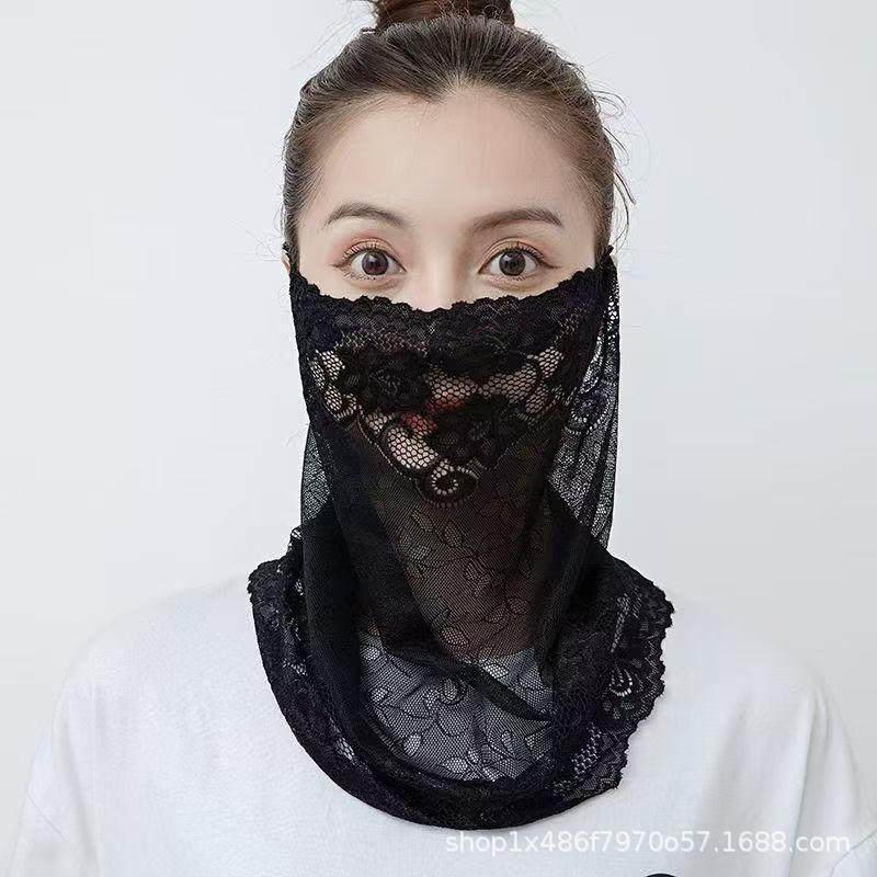 夏天蕾丝围脖女薄款防晒面纱春秋护颈椎丝巾新款女士百搭耳挂脖套