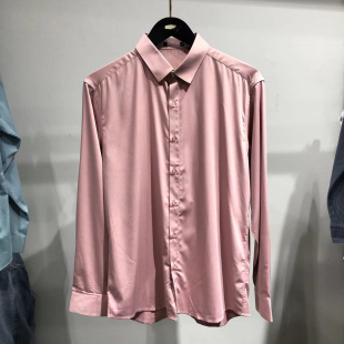 ！男装品牌！男士商务长袖衬衫翻领修身粉色秋季薄款衬衣