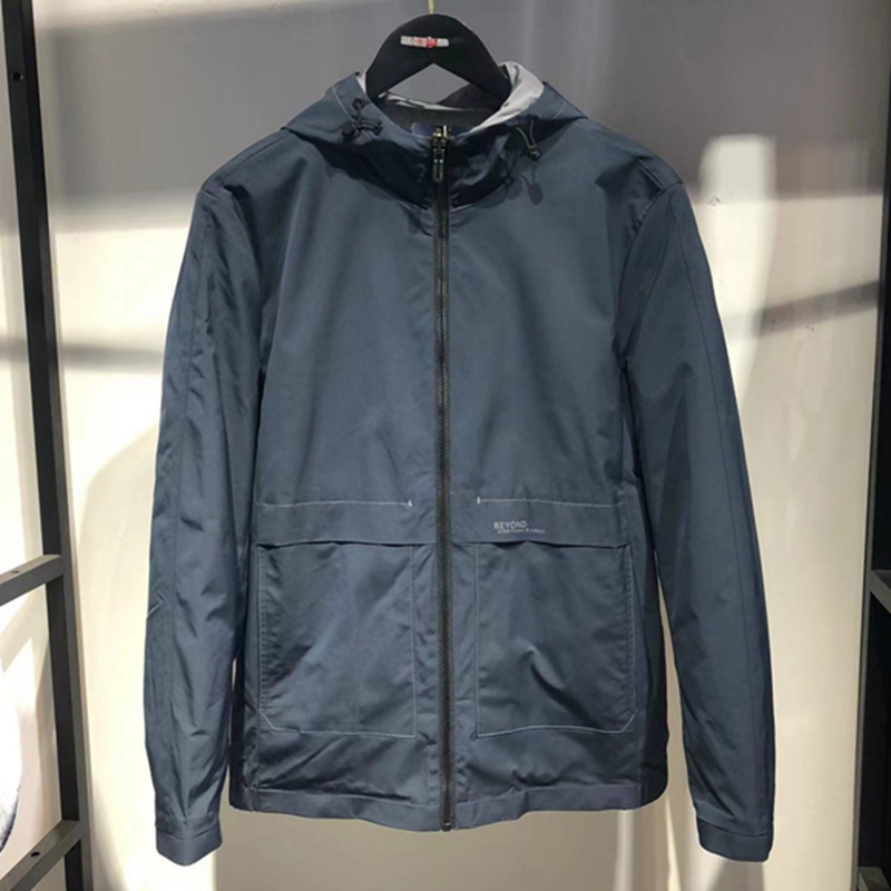 男装品牌撤柜去标春款两面穿藏青色连帽中厚修身夹克上衣简约外套