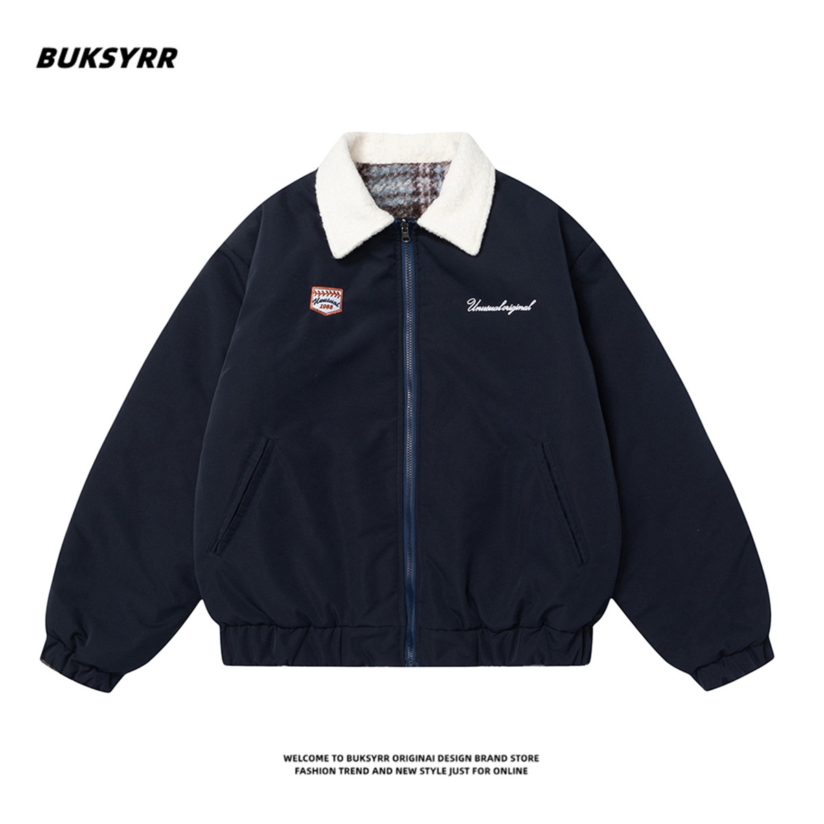 BUKSYRR美式复古羊羔绒双面穿格纹棉服女冬季潮牌保暖ins情侣棉衣