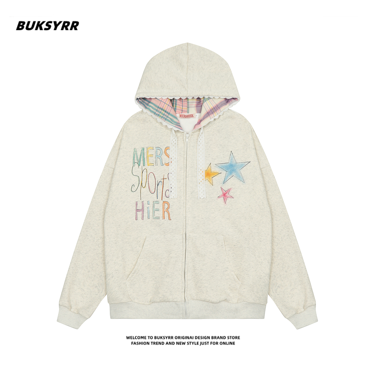 BUKSYRR美式复古彩色星星涂鸦开衫连帽卫衣女ins潮牌拼接格子外套