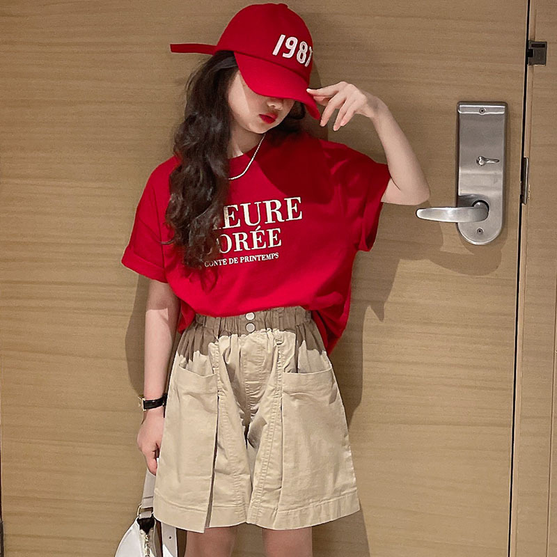 女童短袖T恤2025夏季新款韩版洋气女大童红色字母打底衫儿童上衣
