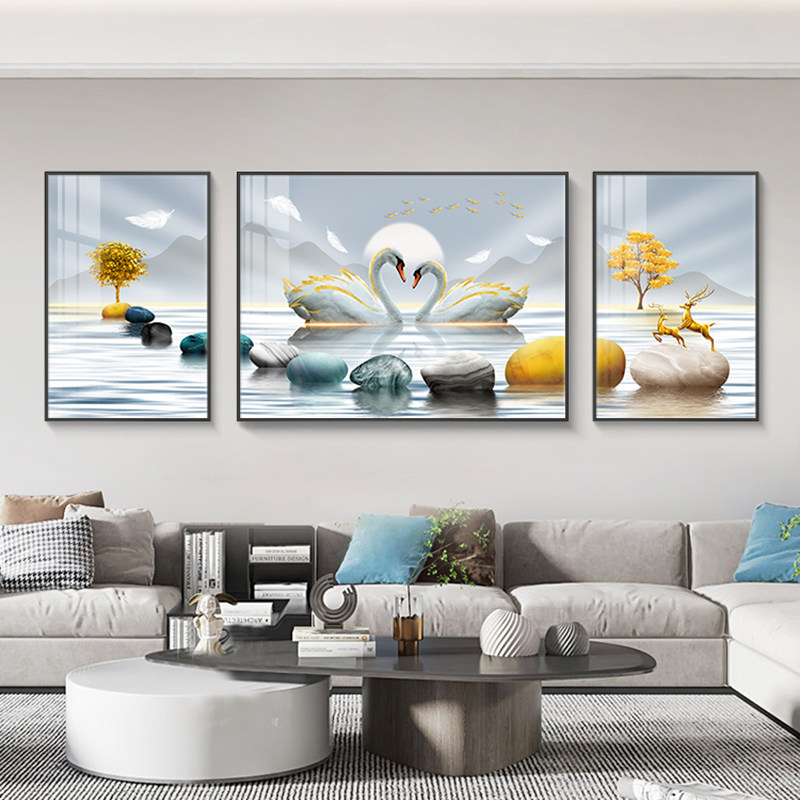 现代轻奢客厅装饰画高级感沙发后面背景墙挂画天鹅壁画大气三联画