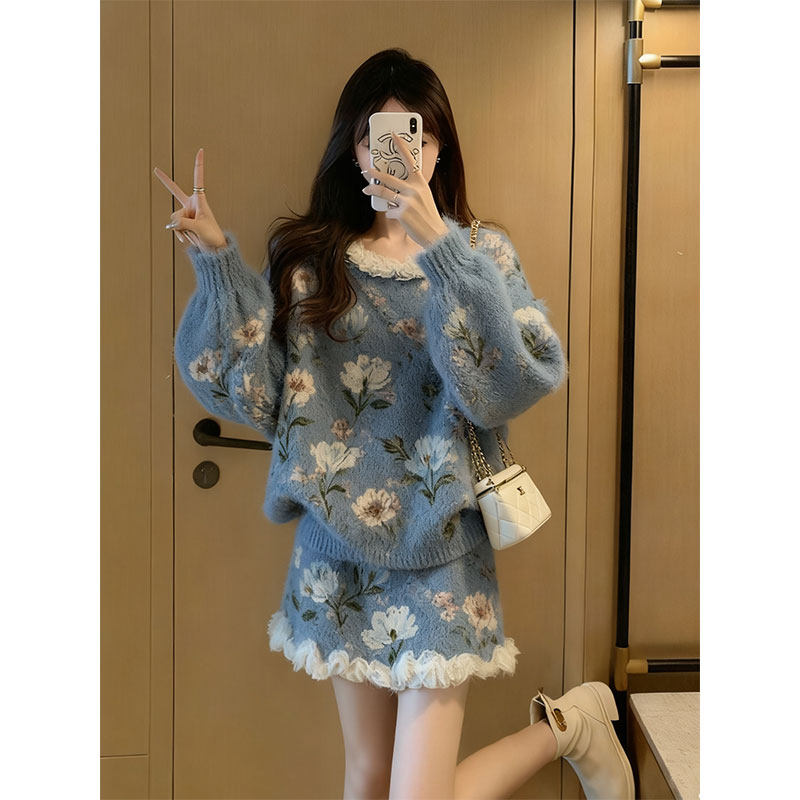 女蕾丝毛绒花边秋冬宽松花朵两件套质感套装小个子针织慵懒蓝色风,女装/女士精品,大码套装,淘宝优惠券,粉丝福利购,淘宝优惠卷