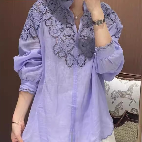 2025新款紫色衬衫超好看新中式穿搭女装气质蕾丝镂空小衫上衣春
