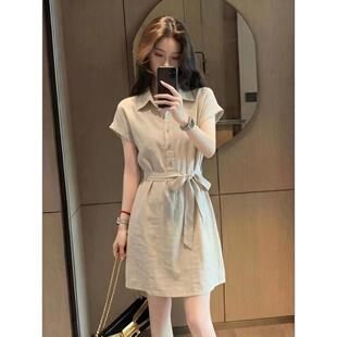 秋季新款韩式休闲风翻领短袖衬衫裙女装收腰A字连衣裙高级感T恤裙
