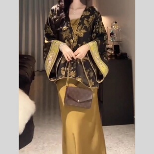 春装女款2026年新款新中式禅意中国风黑色开衫上衣吊带裙两件套装