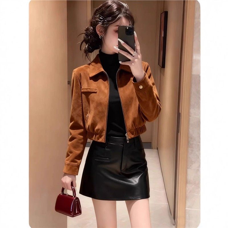 2025年秋季时尚棕色翻领短款外套女高级感气质百搭夹克通勤上衣女,女装/女士精品,大码套装,淘宝优惠券,粉丝福利购,淘宝优惠卷