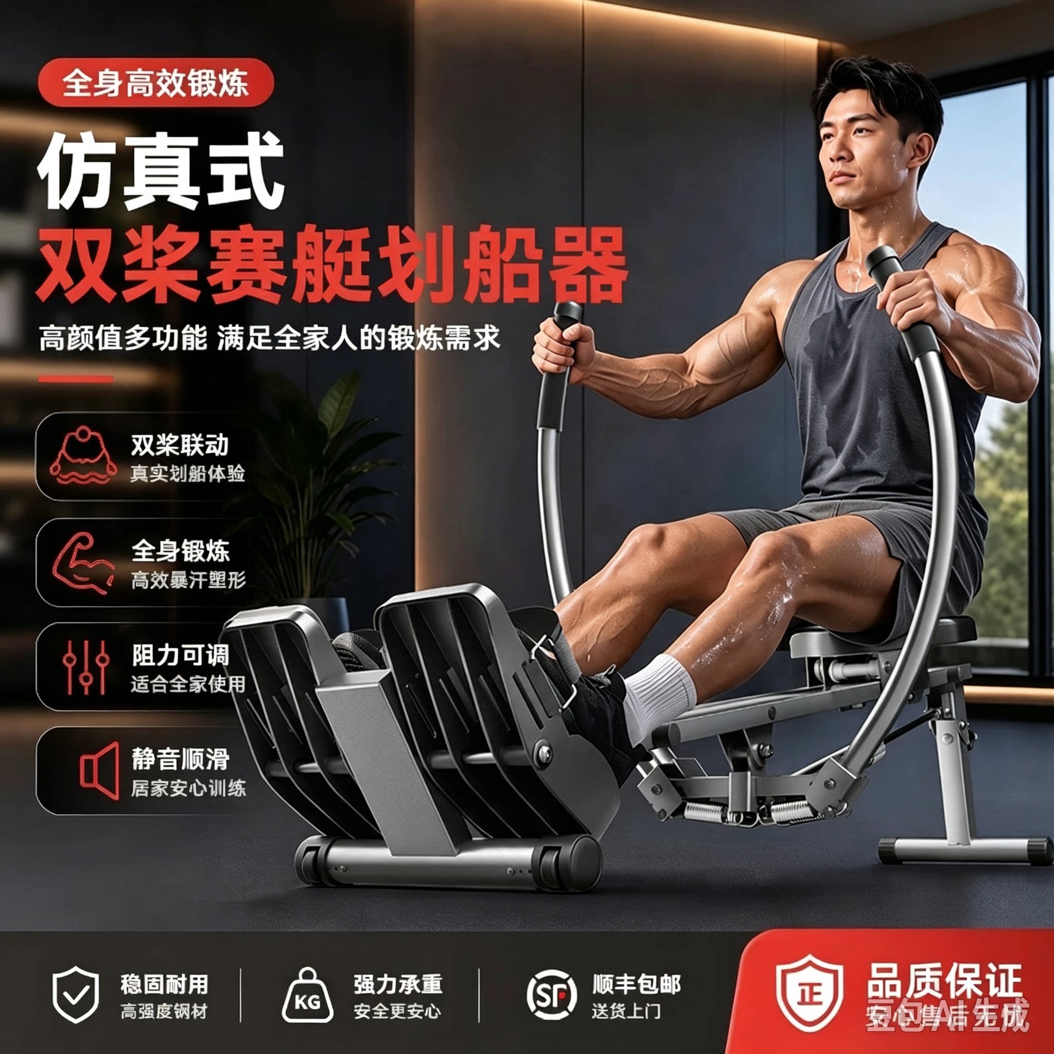 抖音划船机健身家用多功能智能小型液压可折叠坐姿划船训练器材械