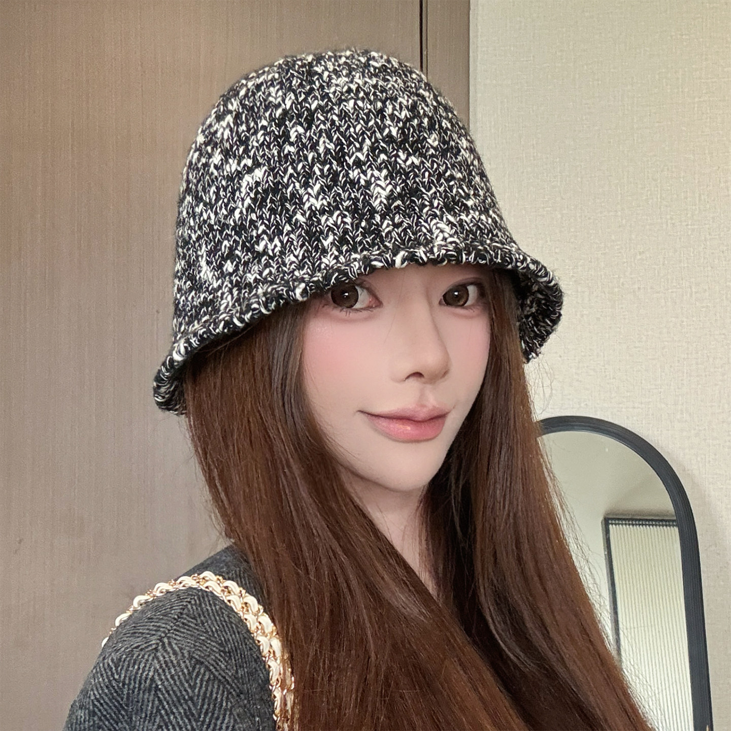 日系复古夹花针织渔夫帽女秋冬显脸小保暖毛线圆顶盆帽韩版水桶帽