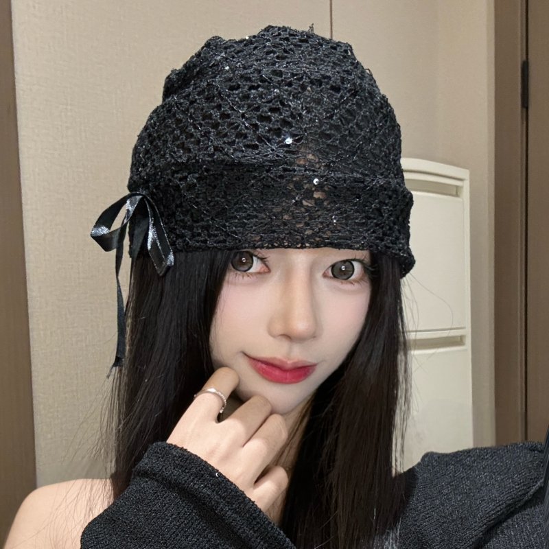 镂空蕾丝蝴蝶结冷帽女春夏韩系百搭黑色堆堆帽亮片小众款包头帽潮