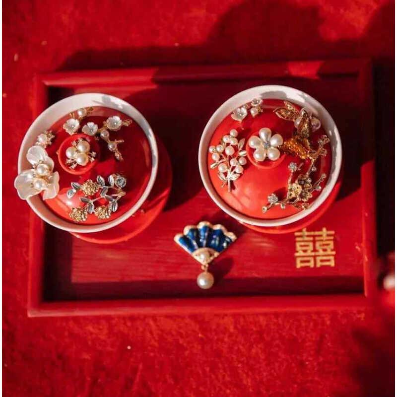 喜结连理敬茶杯婚庆用品陪嫁对杯diy手作装饰陶瓷盖碗结婚改口杯