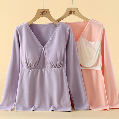 薄绒带胸垫睡衣上k衣女单件秋冬德绒发热衣月子服哺乳产后家居服