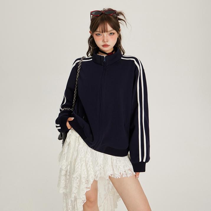 vfvk美式蓝色学院风休闲运动外套女2024秋季新款双杠设计拉链卫衣