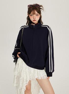 vfvk美式蓝色学院风休闲运动外套女2024秋季新款双杠设计拉链卫衣