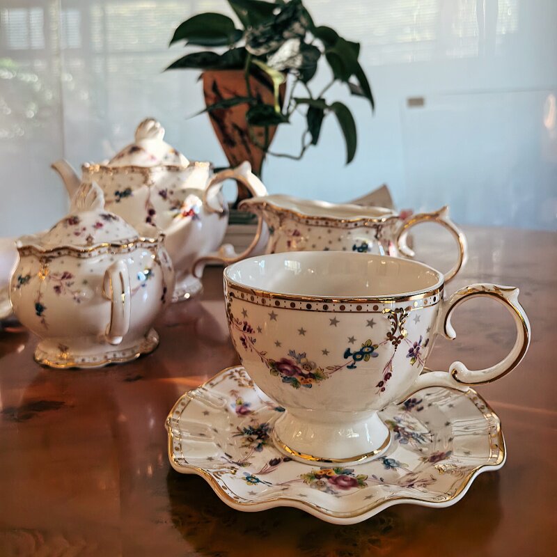 德贝白色陶瓷碎花咖啡套装下午茶套具精致轻奢茶壶糖罐下午茶杯碟