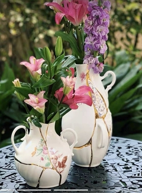 SEL白色拼接金缮陶瓷花瓶24K金中古轻奢餐桌创意礼物插水培高花器