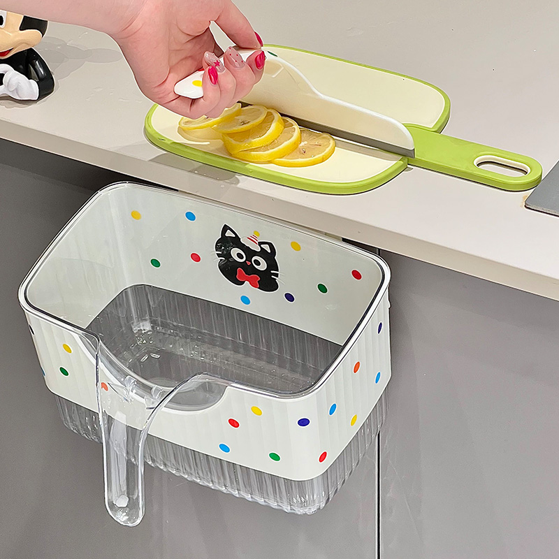 波点猫壁挂垃圾桶家用厨房免打孔柜门悬挂带刮板背胶粘贴垃圾桶