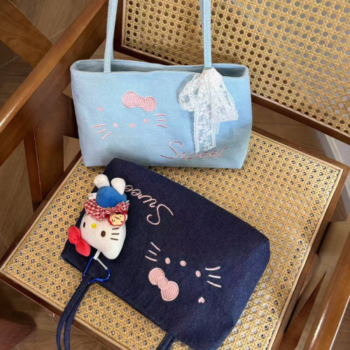 牛仔刺绣kitty单肩包大容量手提包单肩新款托特可爱学生包包