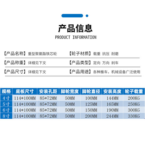 热卖重型铁芯聚氨酯脚轮4寸5寸6寸8寸载重工业静音pu推车万向轮子