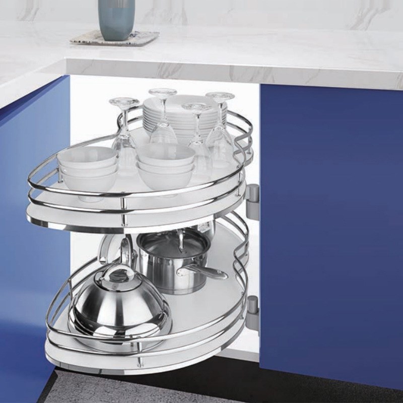 厨房橱柜拐角飞碟小怪物收纳碗碟篮锅具篮联动双层转角拉篮