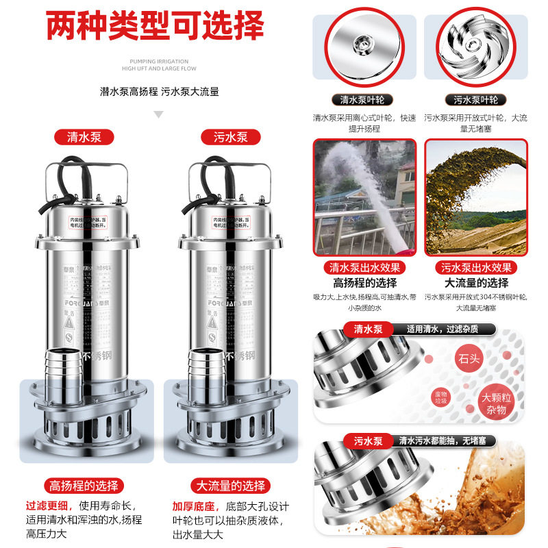 奉泉人民304不锈钢潜水泵220v高扬程多功能抽水排污切割式污水泵图片