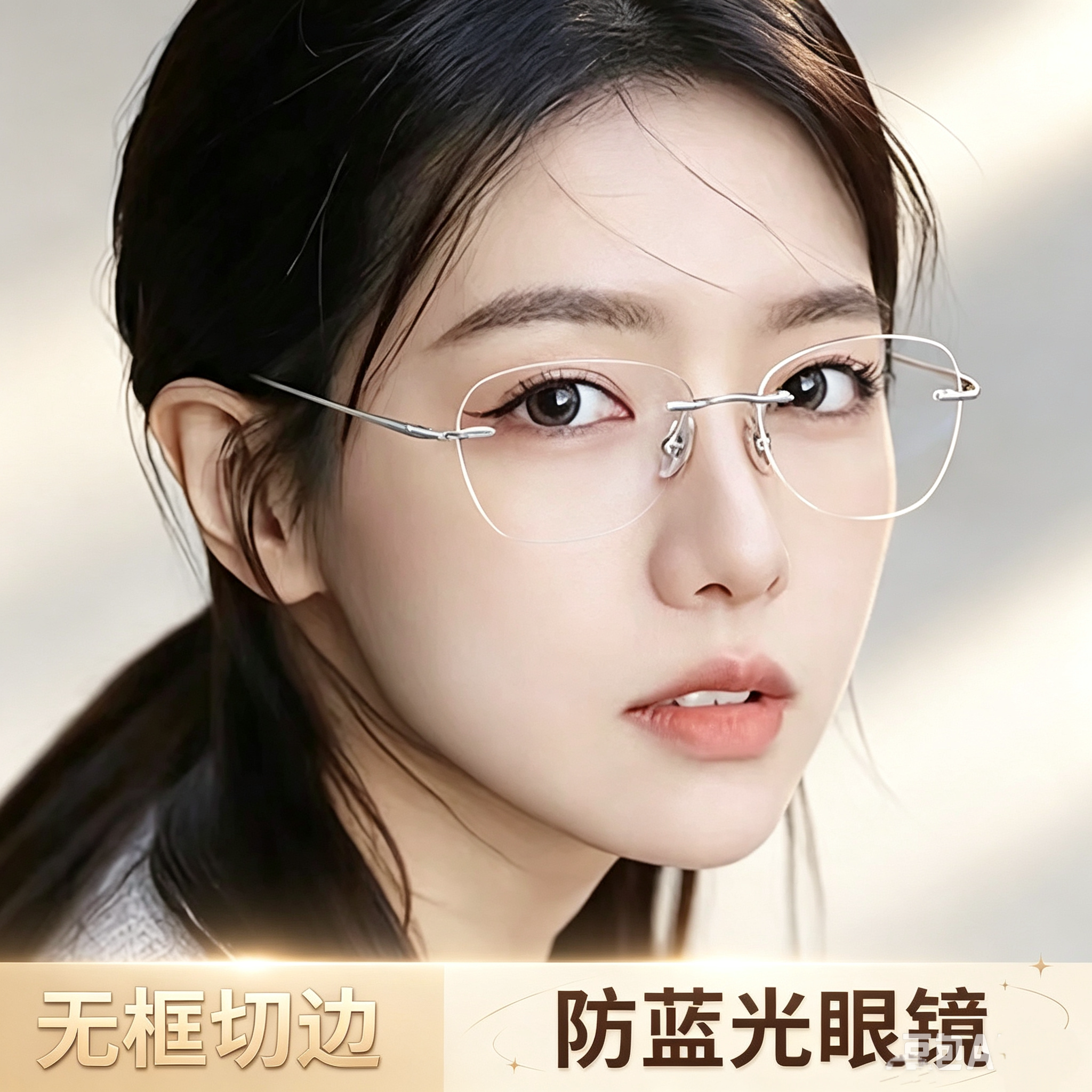 女士无框眼镜平光防蓝光装饰纯欲高智感圆框钛架可配度数近视眼镜