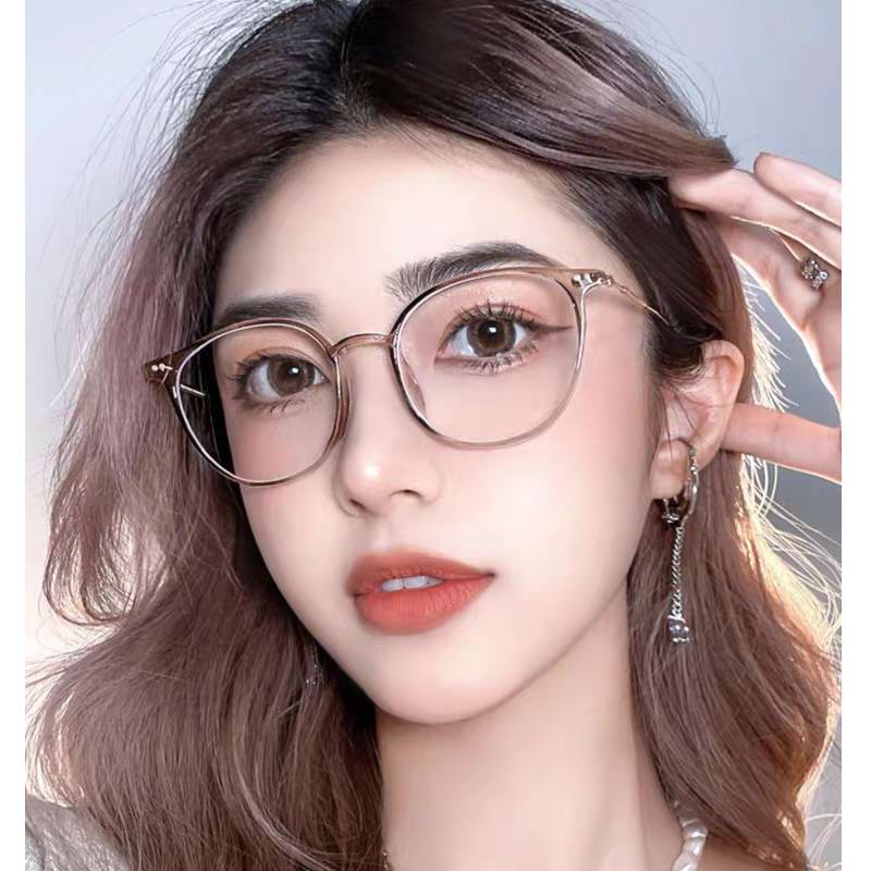 女款时尚装饰平光镜圆框高级感冷茶色网红款超轻TR镜架配度数680