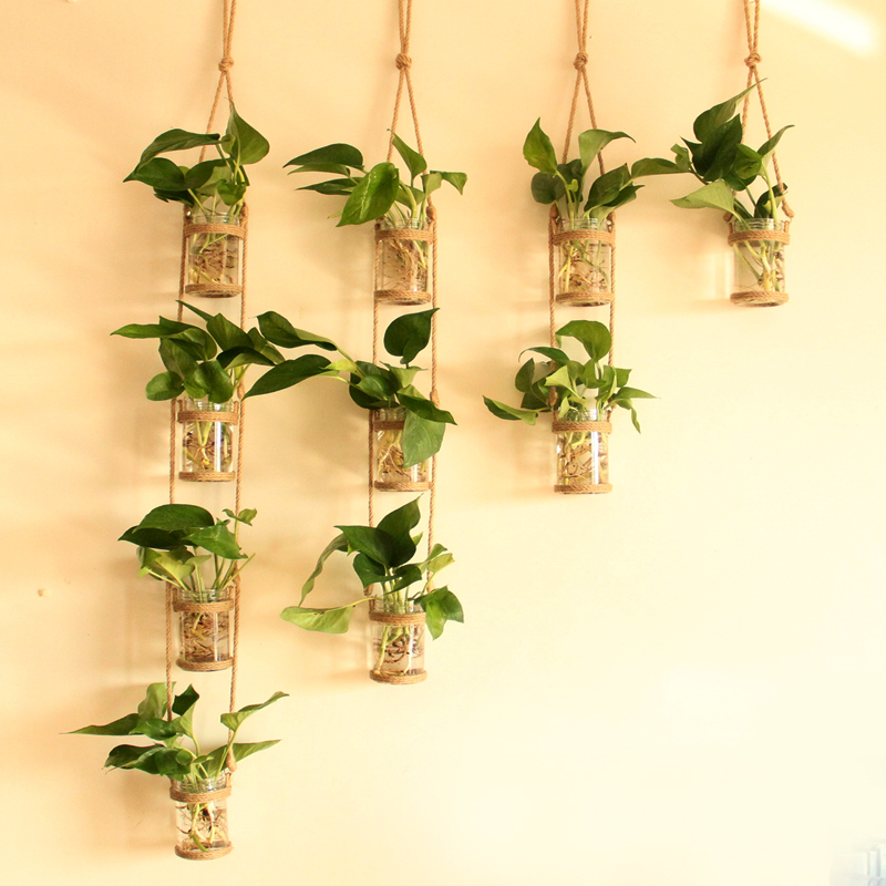 创意壁挂麻绳塑料花瓶水培绿萝植物风铃幼儿园居家背景墙装饰简约