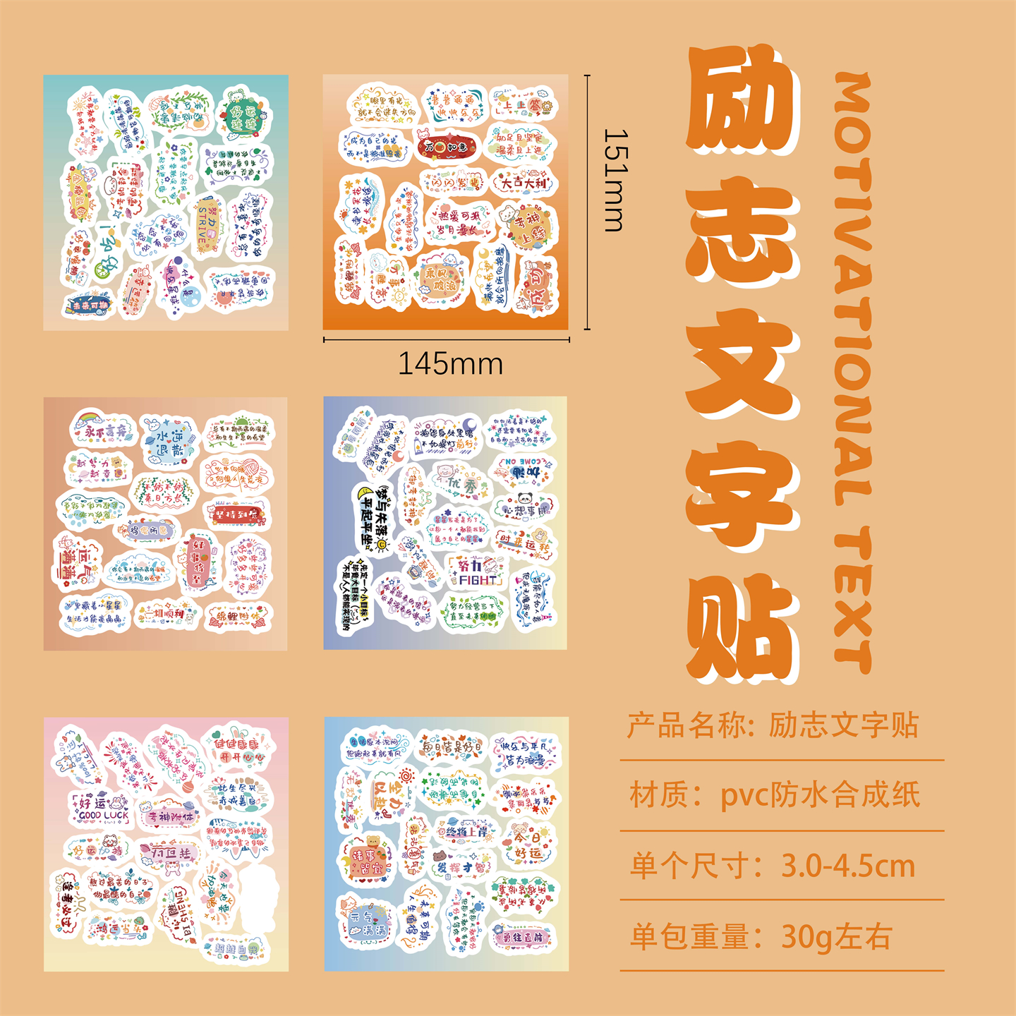 6张半切文字励志语录装饰贴纸