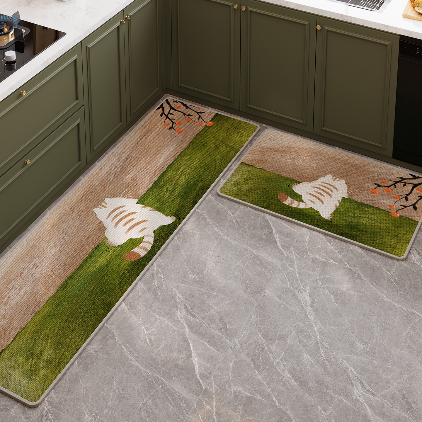 可爱猫咪亚麻编织厨房地垫防滑