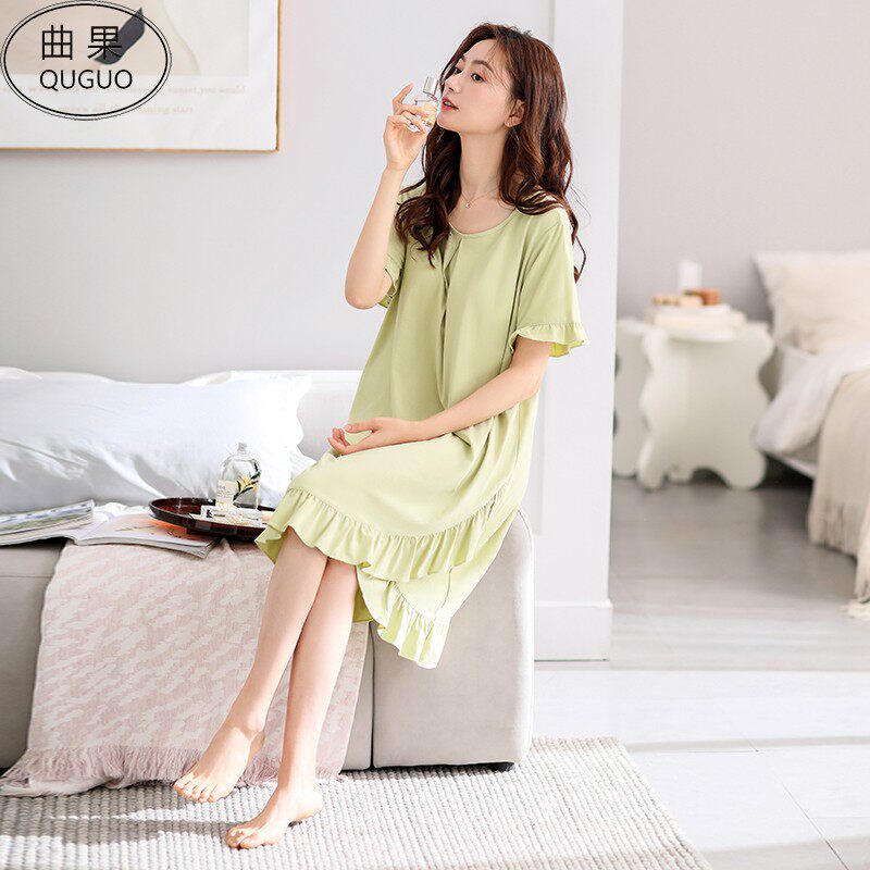 睡衣女款2026新款夏天短袖RC莫代尔棉女士睡裙夏季薄款带胸垫中裙