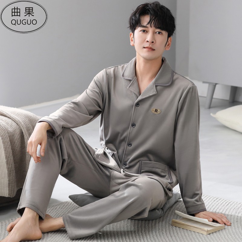 男士睡衣秋冬季长袖弹性海岛绒冬天薄款开衫秋冬款保暖家居服套装