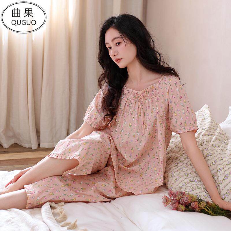 睡衣女士春夏季短袖七分裤纯棉薄款夏天女式中年妈妈全棉家居服