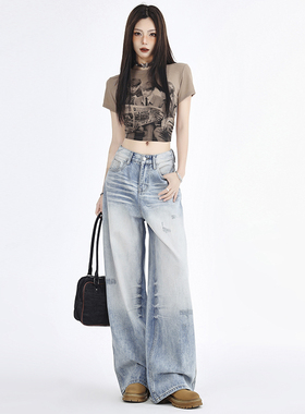 KRO美式街头做旧水洗破败风浅色水洗抓痕复古磨白直筒阔腿牛仔裤