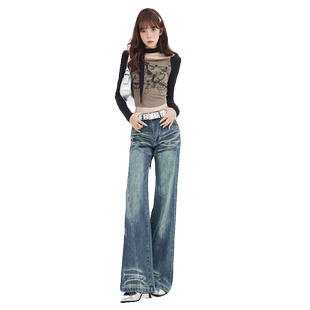 KRO美式复古拼接微喇牛仔裤女2024新款显瘦阔腿垂感辣妹低腰长裤