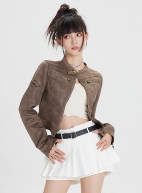 KRO美式复古棕色机车夹克外套女2023新款麂皮绒修身百搭短款皮衣