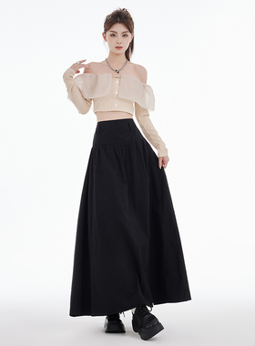KRO黑色复古半身裙女2023新款小个子百褶裙高腰显瘦a字伞裙长裙