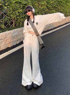 KRO美式高街复古宽松阔腿裤2024新款高腰百搭喇叭牛仔裤女