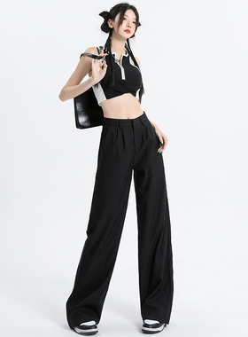 KRO黑色直筒西装裤女2023新款中腰百搭休闲裤高级垂感拖地裤长裤