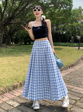 KRO复古蓝白色格子长裙a字裙伞裙百搭高腰显瘦半身裙春夏新款