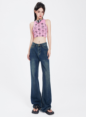 KRO美式复古时尚水洗简约高腰微喇牛仔裤女显瘦百搭直筒阔腿长裤