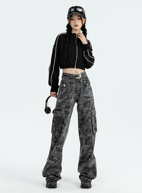 KRO美式迷彩工装裤女2025新款机能风宽松辣妹多口袋高腰阔腿长裤