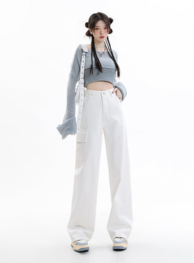 KRO白色工装休闲牛仔裤女2022秋冬新款宽松高腰直筒显瘦阔腿长裤