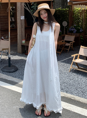 【吴优推荐】KRO宽松搭配飘带设计U型领显瘦长款格子背心连衣裙