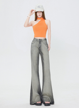 KRO复古微喇叭牛仔裤女高腰2024新款显瘦百搭阔腿拖地马蹄长裤